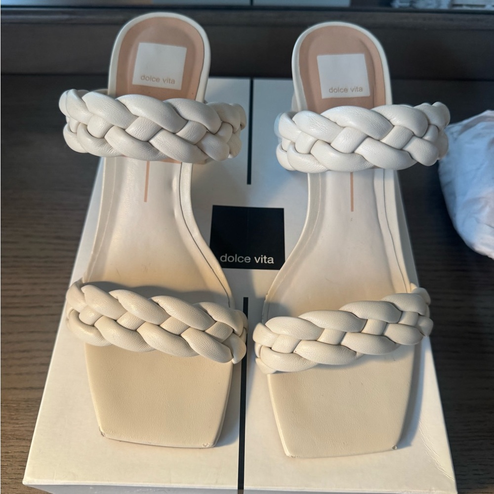 Dolce Vita Cream Braided Double-Strap Square-Toe Slides